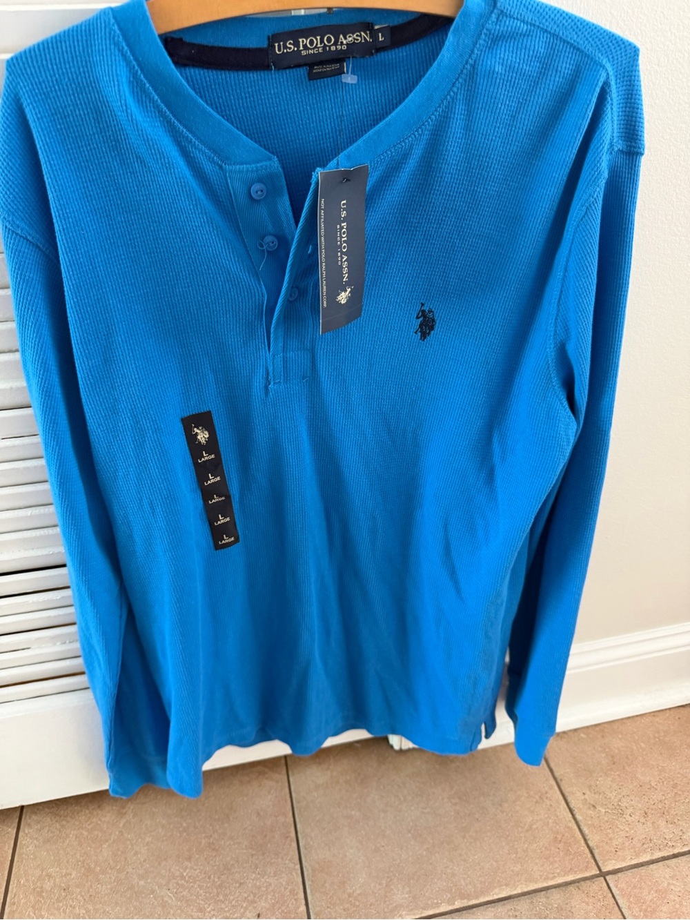 The US Polo Assn. Men's Blue Waffle Knit Logo Crew Neck Long Sleeve T-Shirt in s